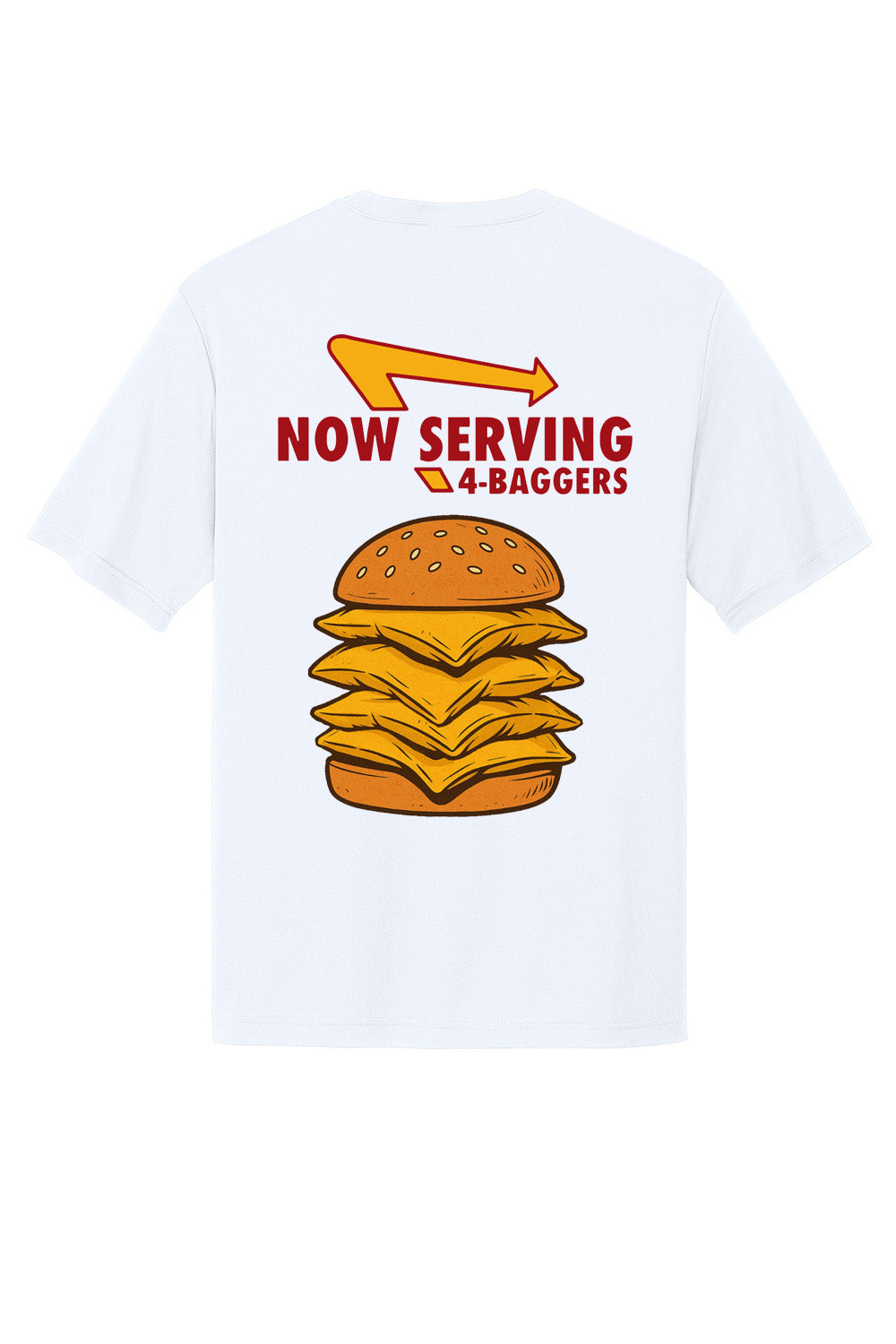 White t-shirt with a graphic of a cheeseburger with cornhole bags between the buns and text 'NOW SERVING 4 BAGGERS' on the back.