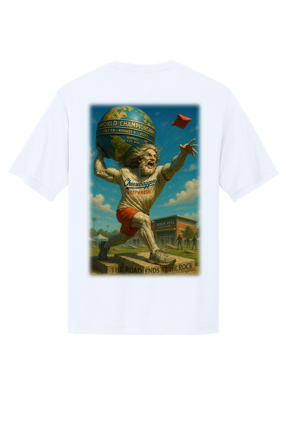 Custom sublimated cornhole shirt – Cheesebaggers. White t-shirt with a graphic of Atlas holding a world championship trophy on the back. Created for the ACL Worlds event in Rock Hill, SC 2025.