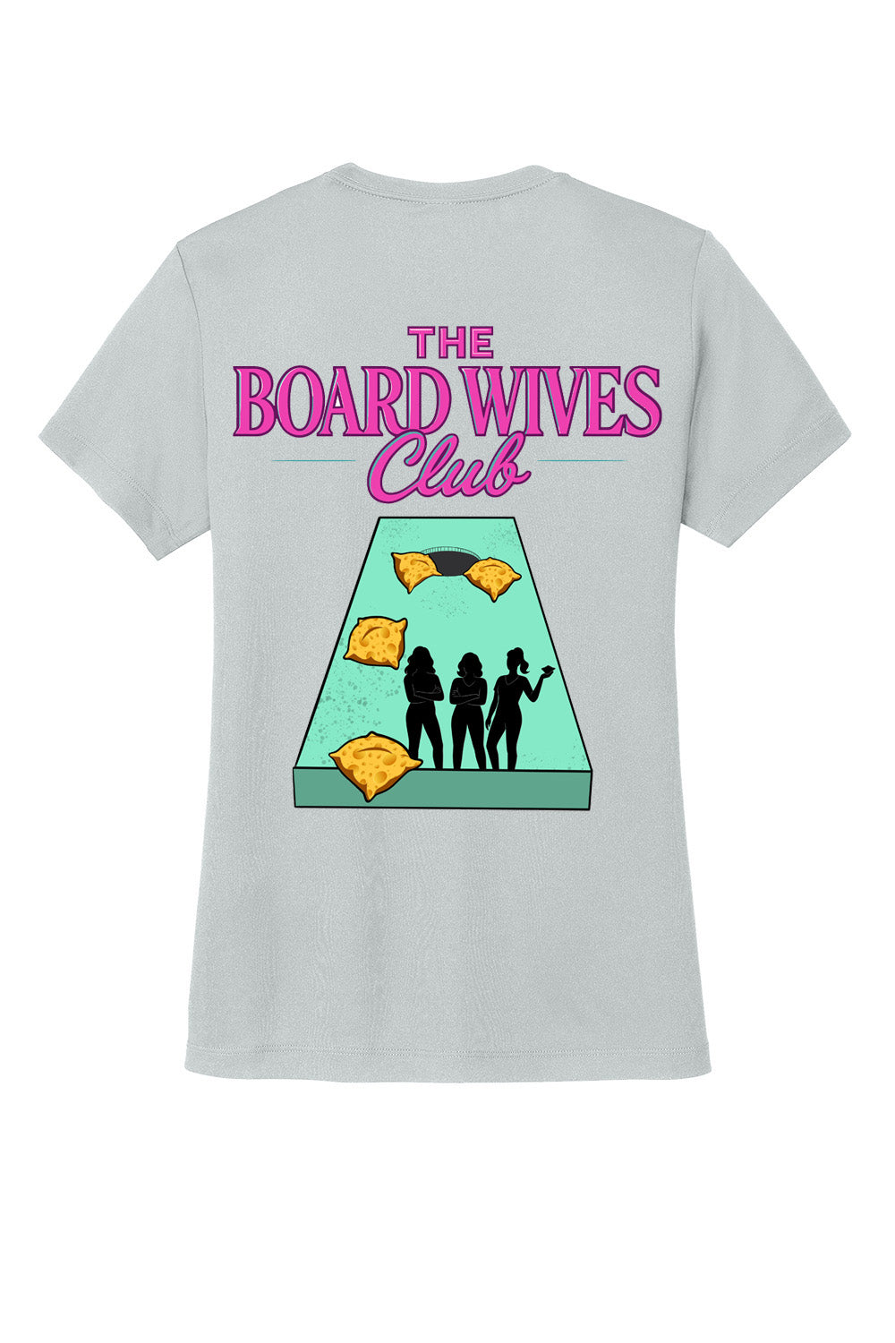 Gray t-shirt with 'The Board Wives Club' graphic on a white background. Custom sublimated cornhole shirt – Cheesebaggers.