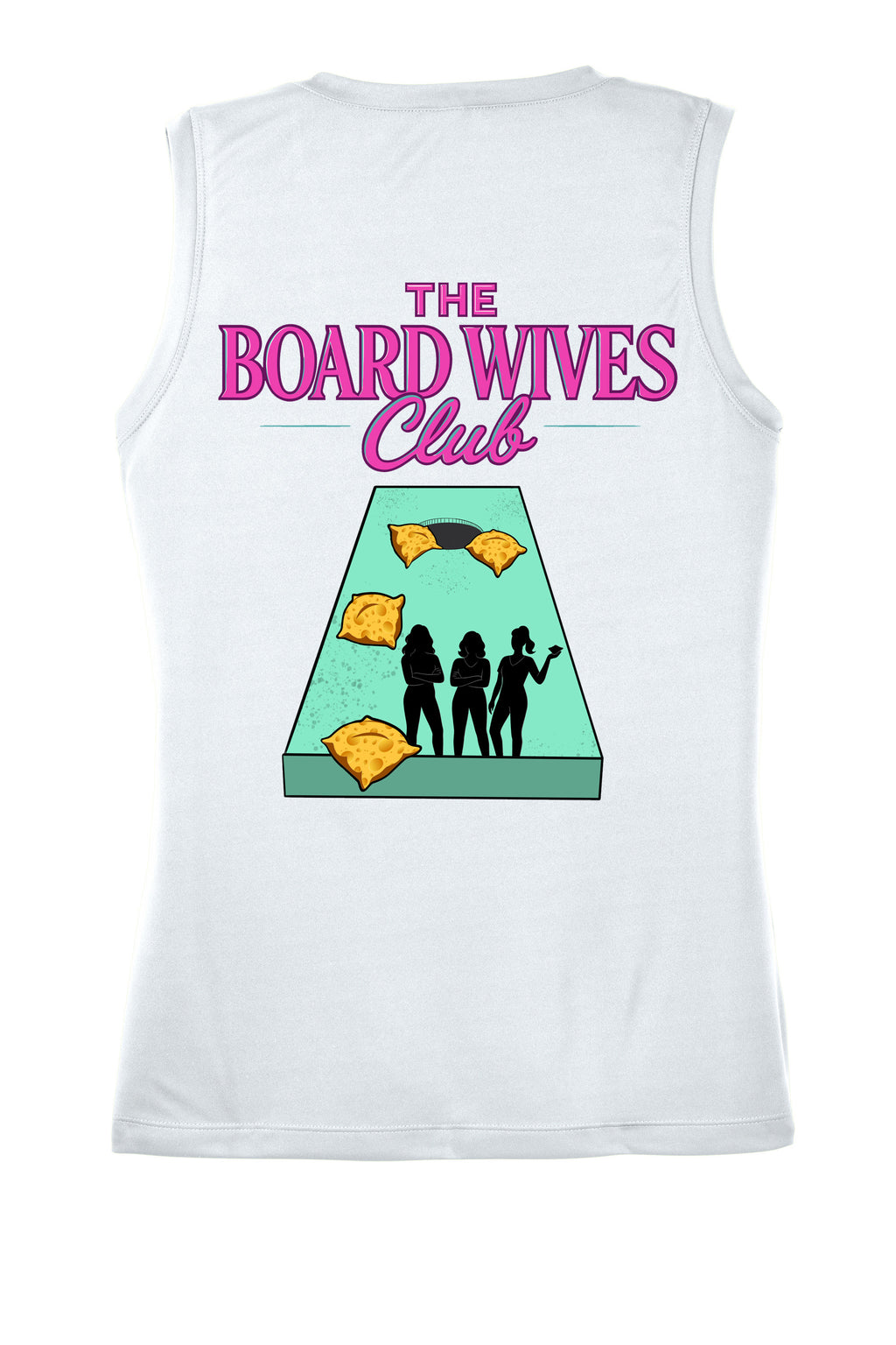 White tank top with 'The Board Wives Club' graphic design on a white background. Custom sublimated cornhole shirt – Cheesebaggers.