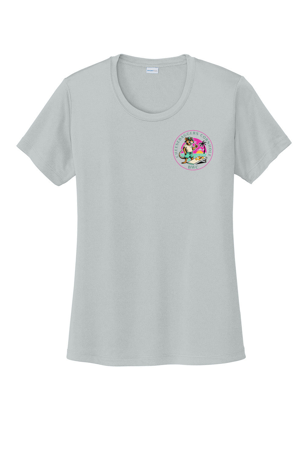 Gray t-shirt with a colorful logo on a white background. Custom sublimated cornhole shirt – Cheesebaggers.