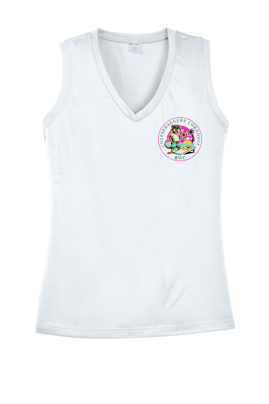 White sleeveless shirt with a colorful logo on a white background. Custom sublimated cornhole shirt – Cheesebaggers.