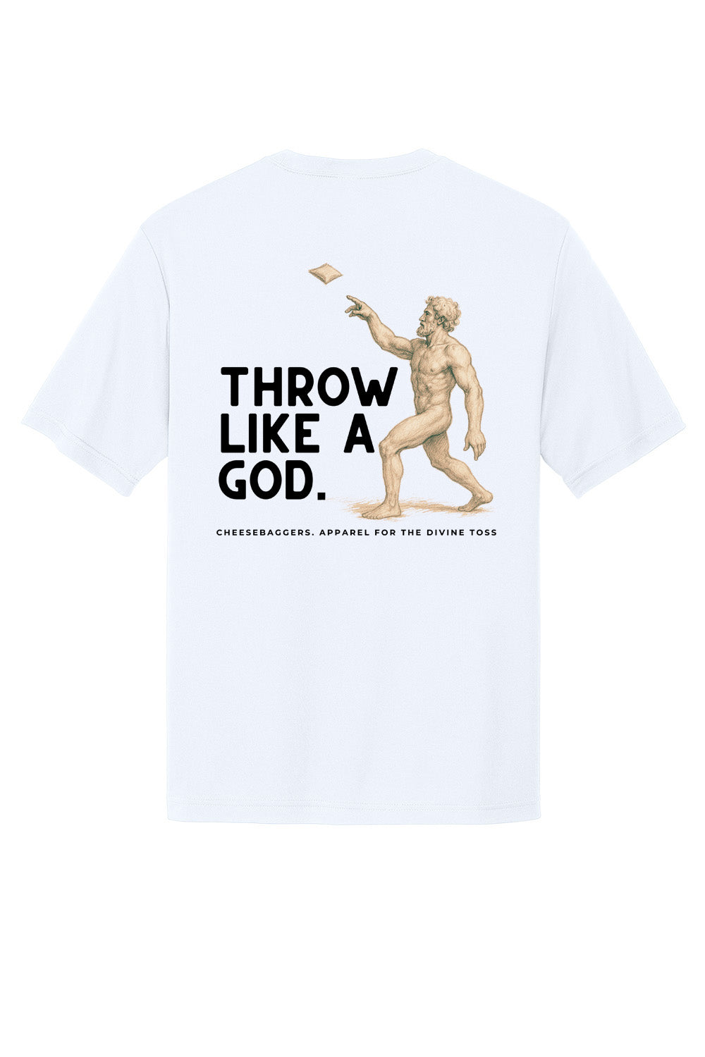 White t-shirt with graphic of a classical statue and text 'Throw Like a God' on a white background. Custom sublimated cornhole shirt – Cheesebaggers.