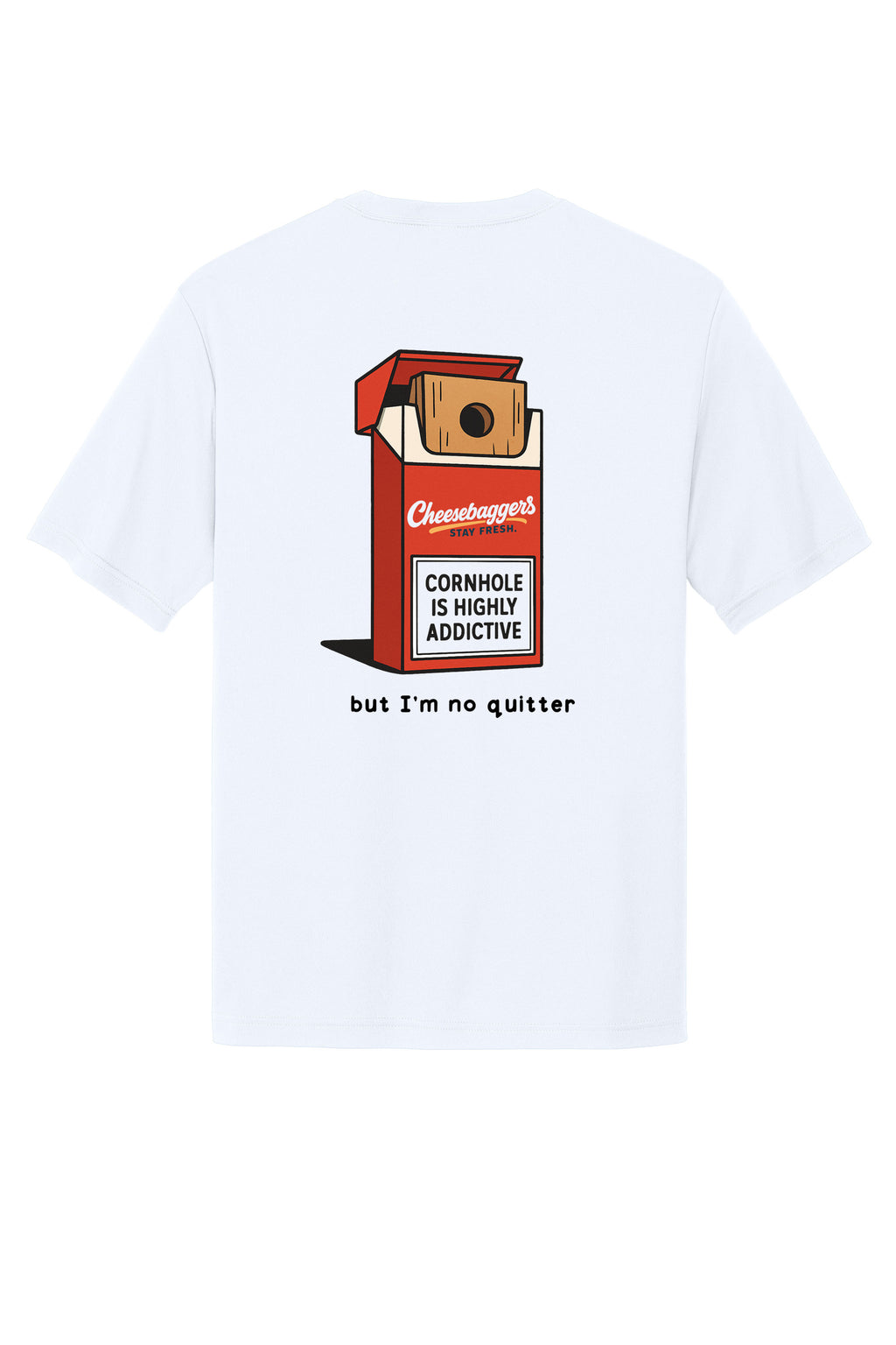 White t-shirt with a cornhole board peeking out of a pack of cigarettes graphic and text "Cornhole is Highly Addictive" on a white background