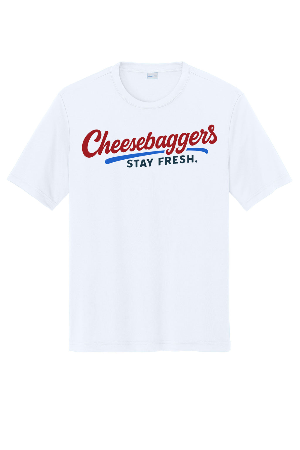 White t-shirt with 'Cheesebaggers Stay Fresh' text on a white background