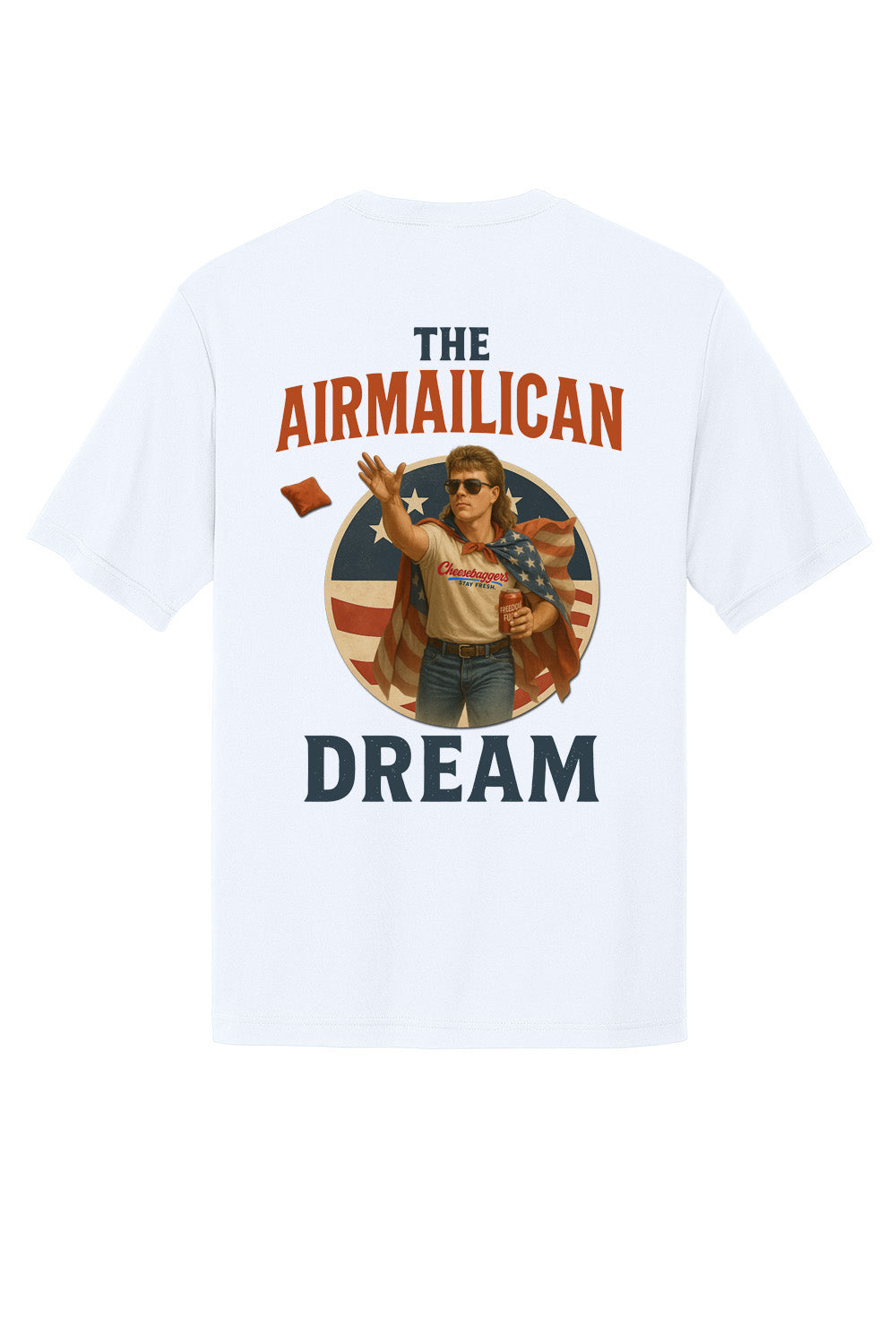 Custom sublimated cornhole shirt – Cheesebaggers. White t-shirt with a man with a mullet wearing an American flag as a cape graphic design and "The Airmailican Dream" text on a white background