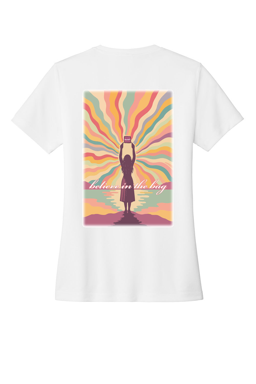 Custom sublimated cornhole shirt – Cheesebaggers. White t-shirt with a colorful graphic of a woman holding a cornhole bag in the air against a beautiful sunset and "Believe in the Bag" text on the back, displayed on a white background.