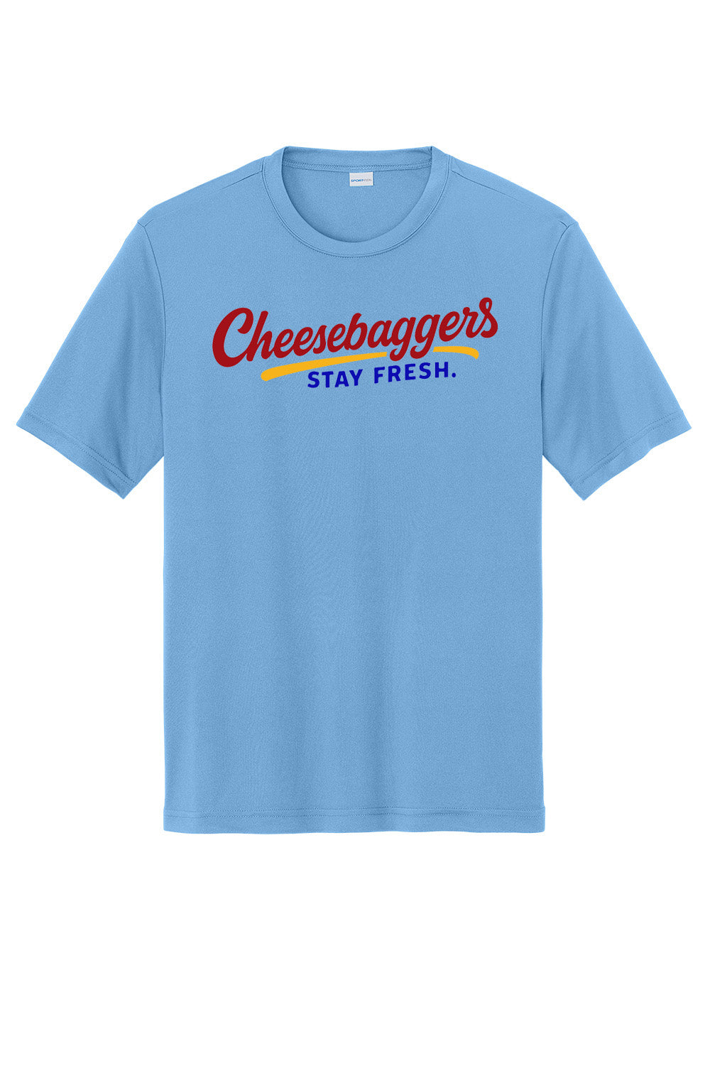 Light blue t-shirt with 'Cheesebaggers Stay Fresh' text on a white background