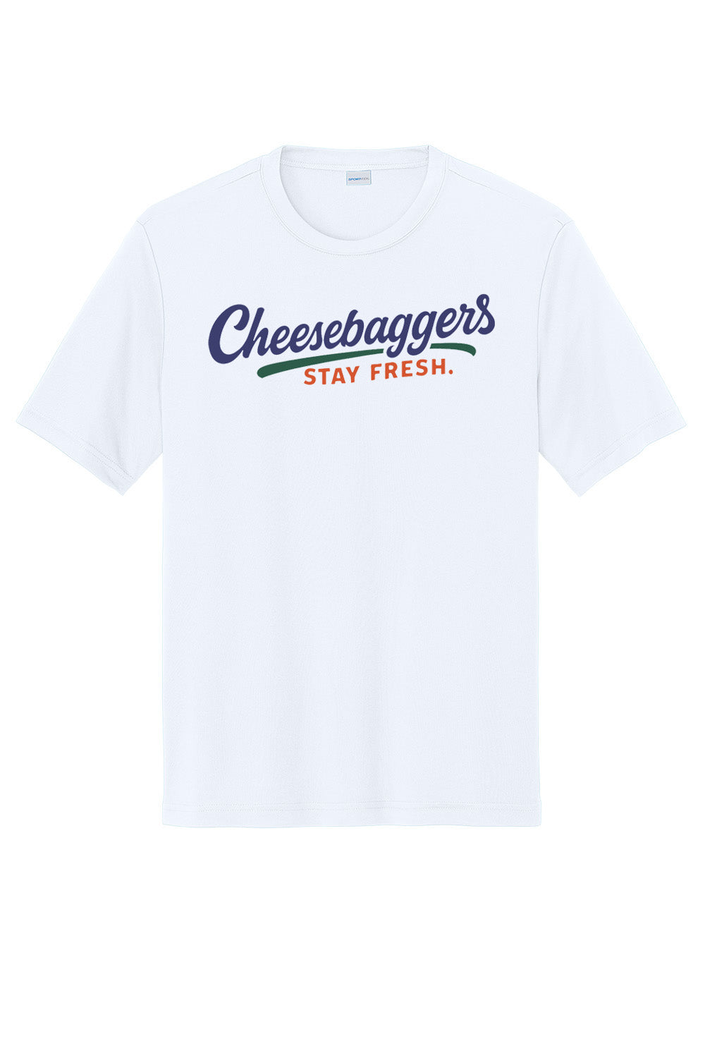 White t-shirt with 'Cheesebaggers Stay Fresh' text on a white background