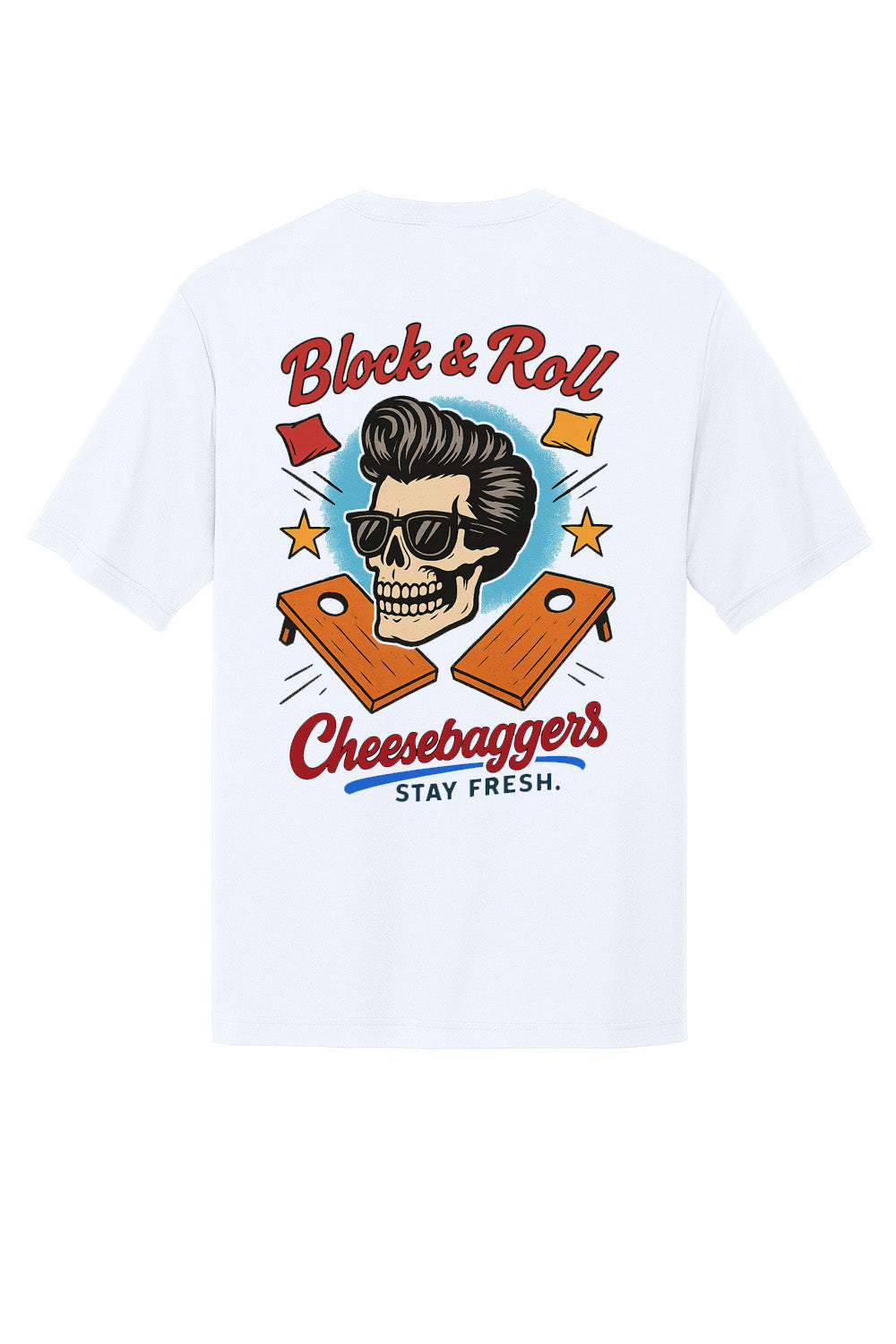 Custom sublimated cornhole shirt – Cheesebaggers. White t-shirt with a graphic design on the back featuring a skull, sunglasses, cornhole equipment and "Block & Toll" text.