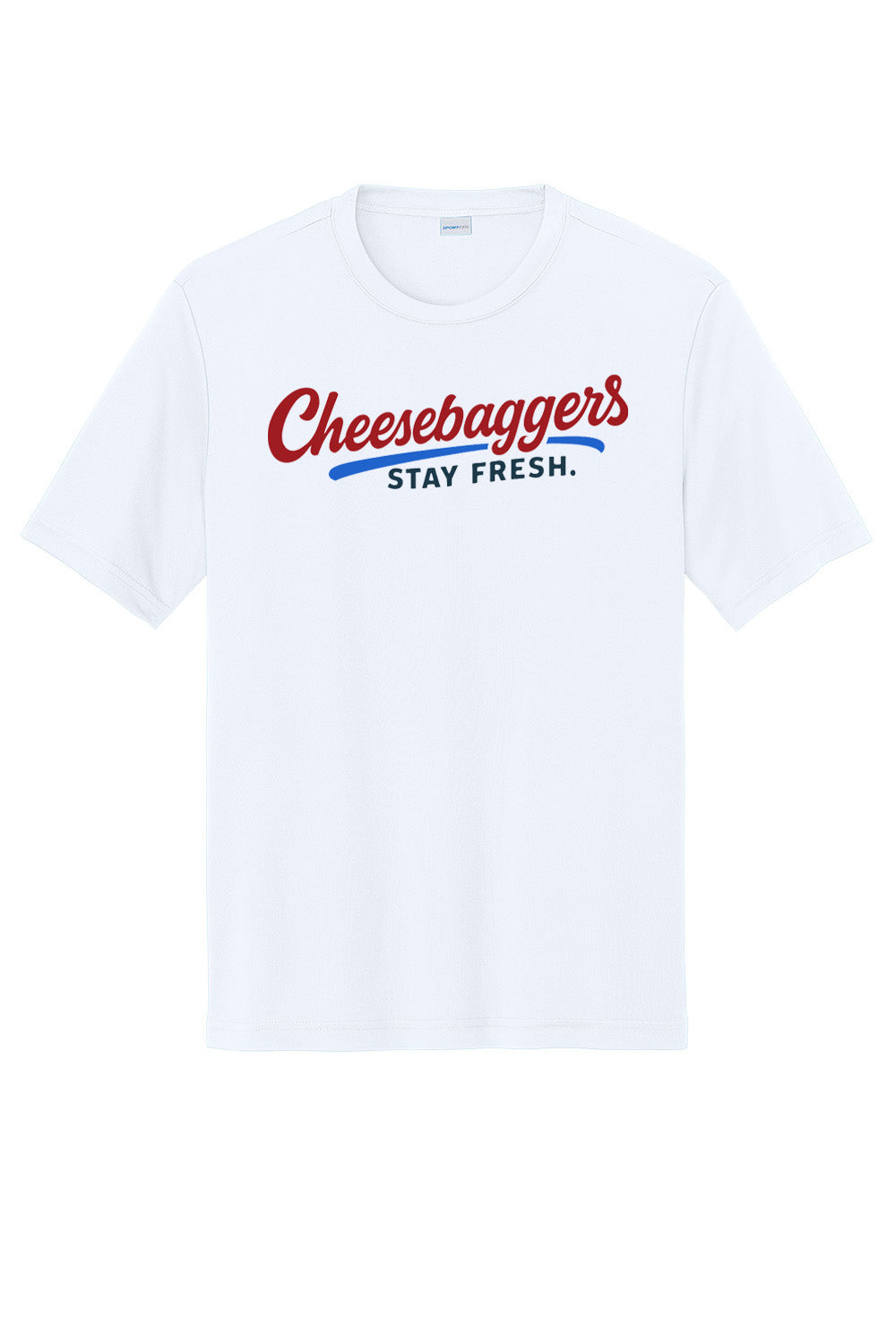 White t-shirt with 'Cheesebaggers Stay Fresh' text on a white background
