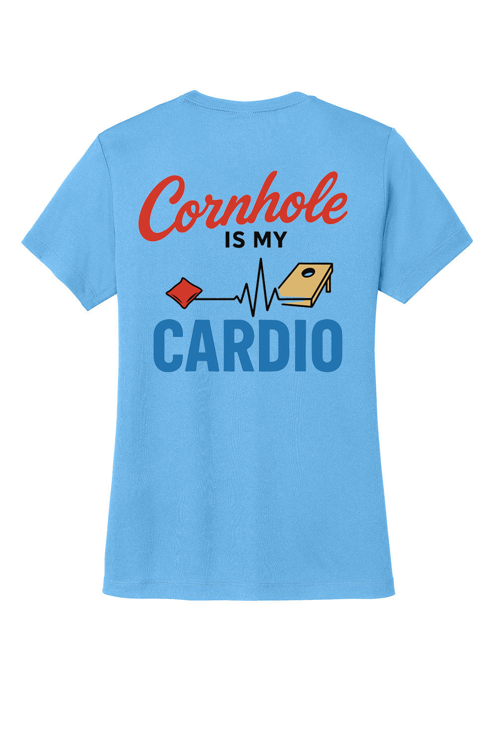 Custom sublimated cornhole shirt – Cheesebaggers. Light blue t-shirt with 'Cornhole is my Cardio' text design on a white background