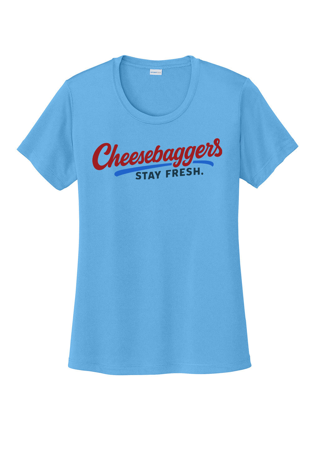 Light blue t-shirt with 'Cheesebaggers Stay Fresh' text on a white background