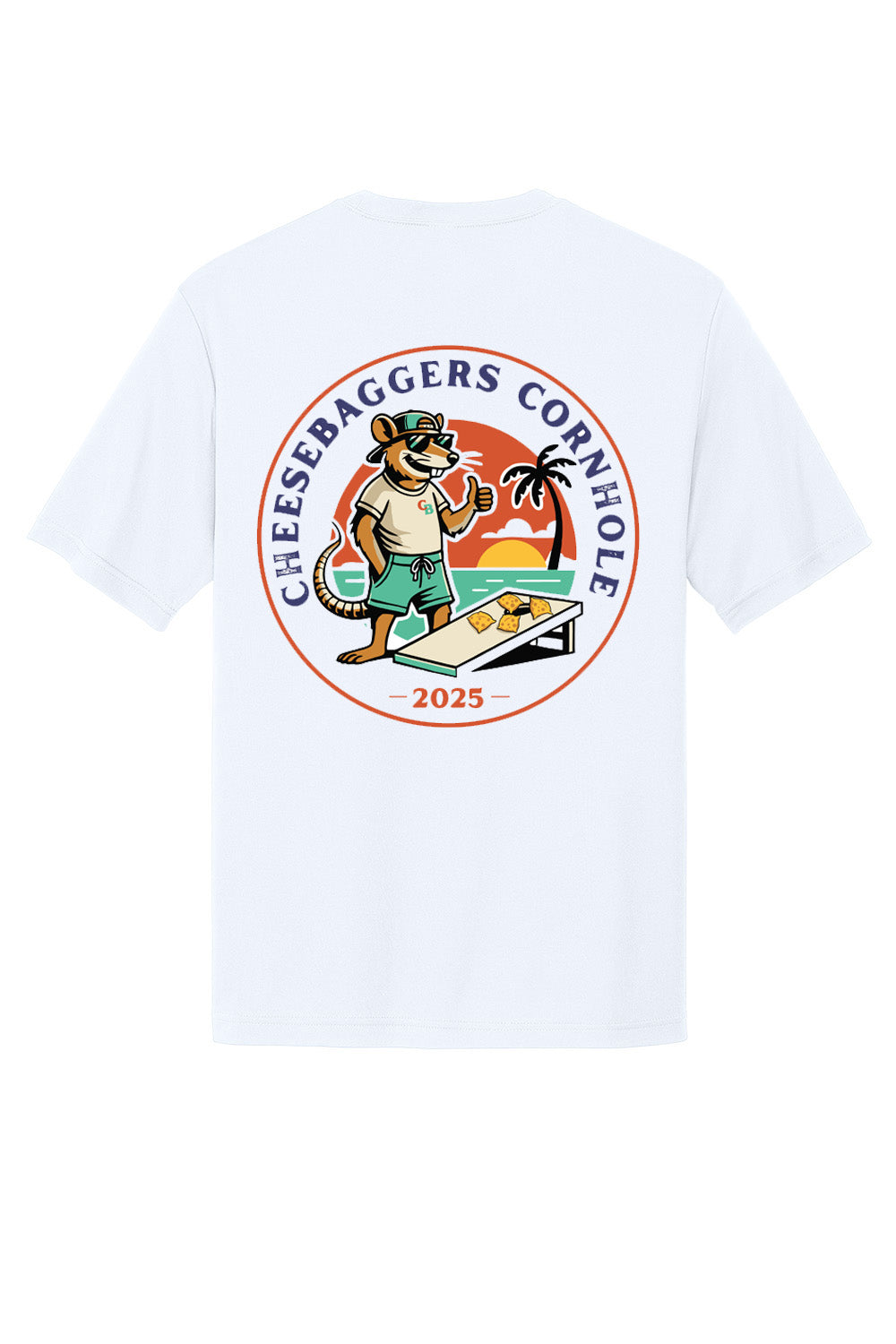 White t-shirt with a graphic design of a mouse playing cornhole on a white background. Custom sublimated cornhole shirt – Cheesebaggers.