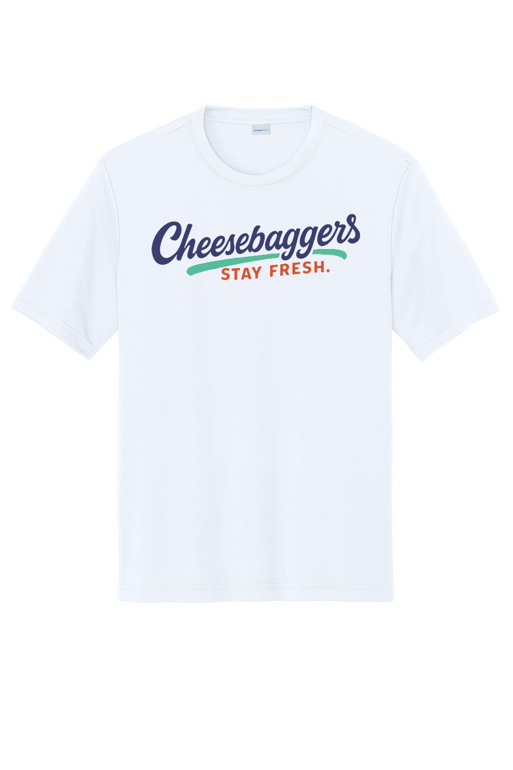 White t-shirt with 'Cheesebaggers Stay Fresh' text on a white background