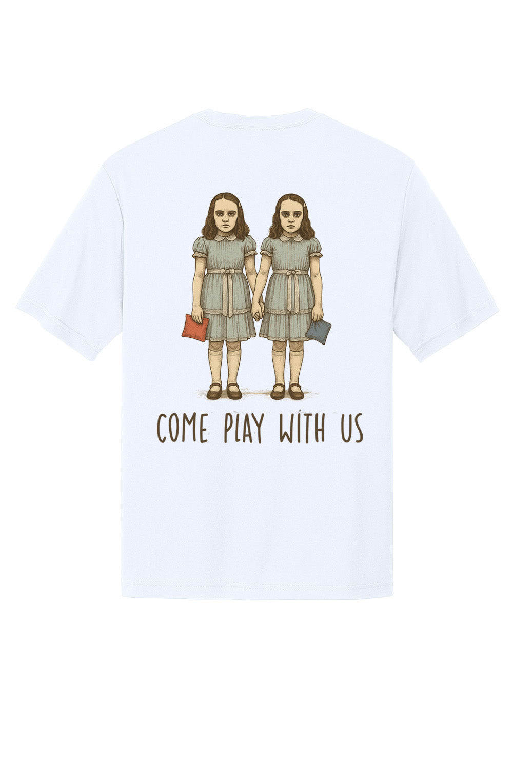 White t-shirt with graphic of two girls and text 'Come Play With Us' on a white background.  Custom sublimated cornhole shirt – Cheesebaggers.