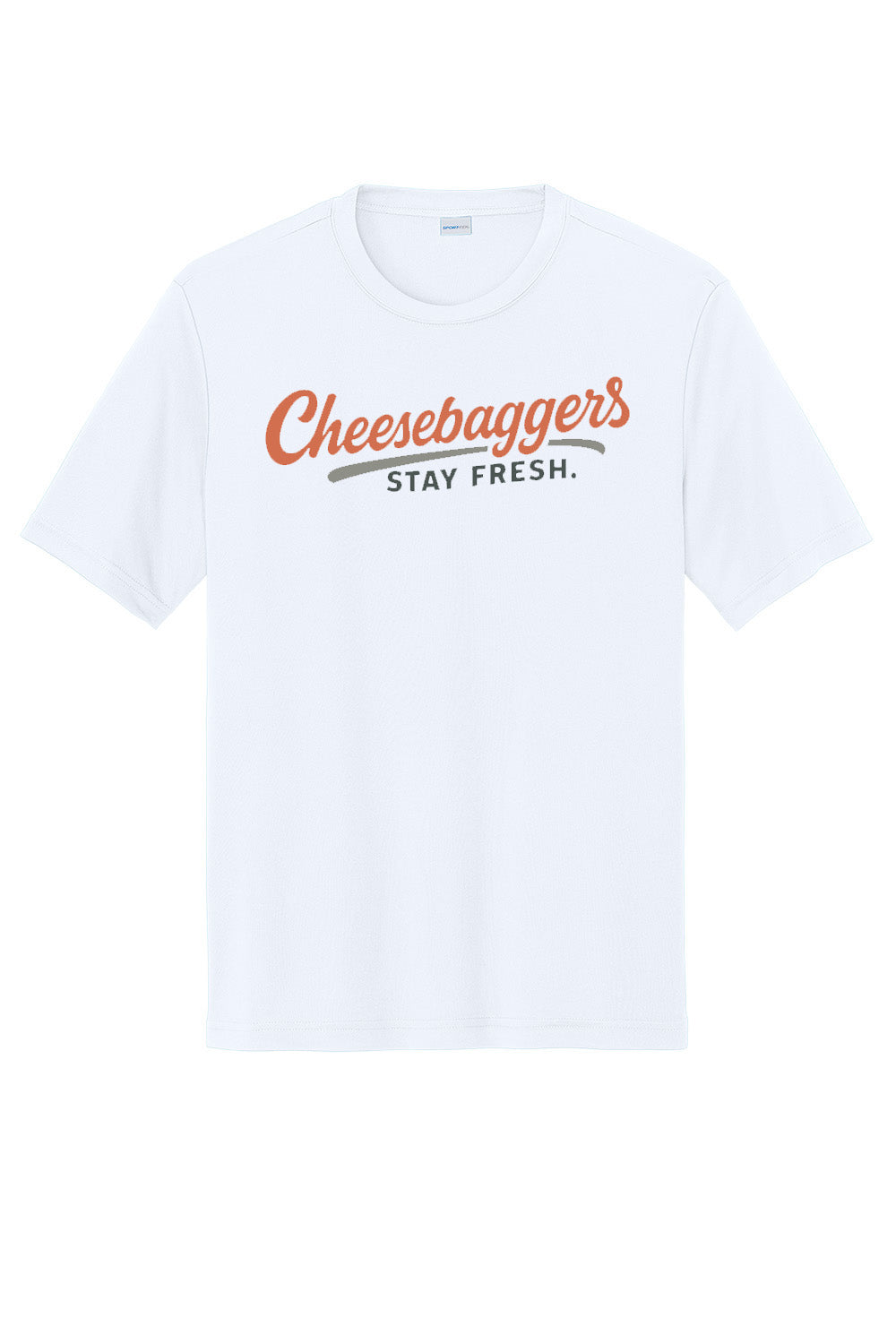 White t-shirt with 'Cheesebaggers Stay Fresh' text on a white background