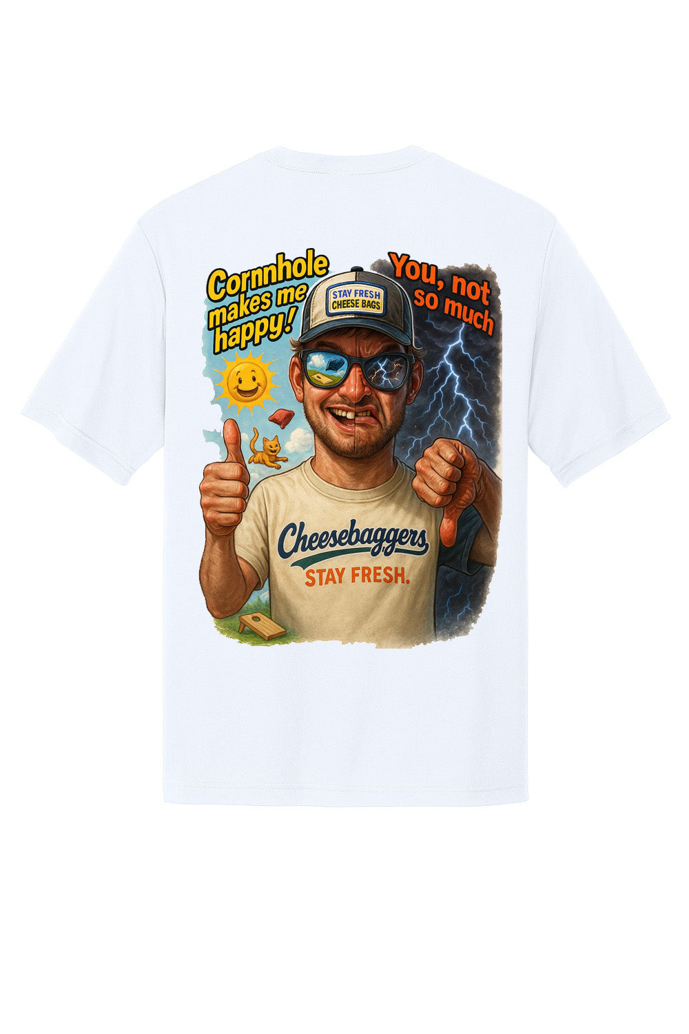 Custom sublimated cornhole shirt – Cheesebaggers. A split personality tshirt that can be customized by uploading your photo.  One side is happy and the other is not, depending on how his or her cornhole game is going.