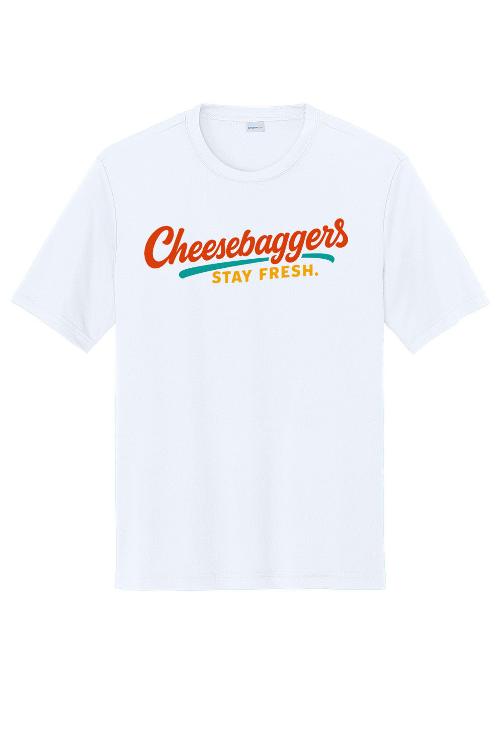 White t-shirt with colorful text design on a white background. Custom sublimated cornhole shirt – Cheesebaggers.