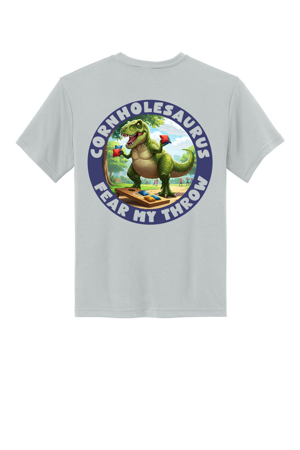 Custom sublimated cornhole shirt – Cheesebaggers..  Gray t-shirt with a colorful dinosaurholding cornhole bags and the text "Cornholesaurus. Fear my Throw" on a white background.