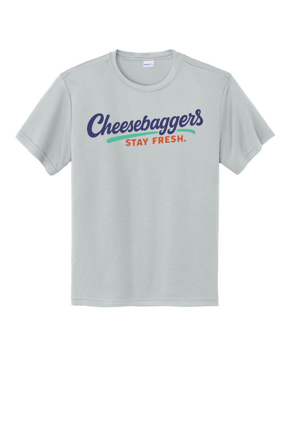 Gray t-shirt with colorful text 'Cheesebaggers Stay Fresh' on a white background