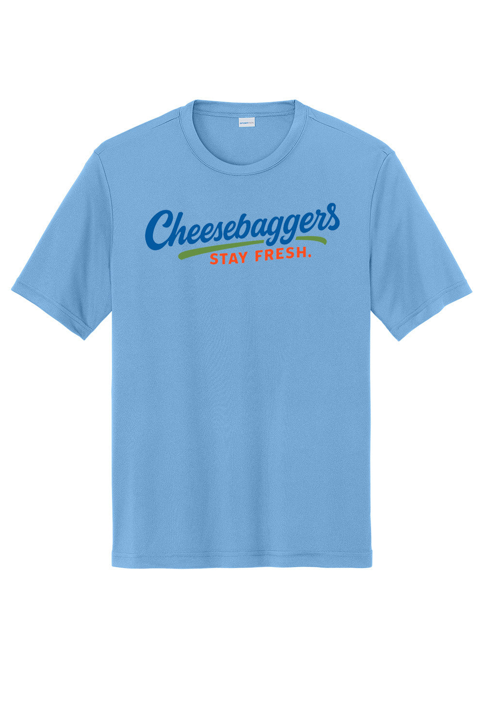 Blue t-shirt with 'Cheesebaggers Stay Fresh' text on a white background