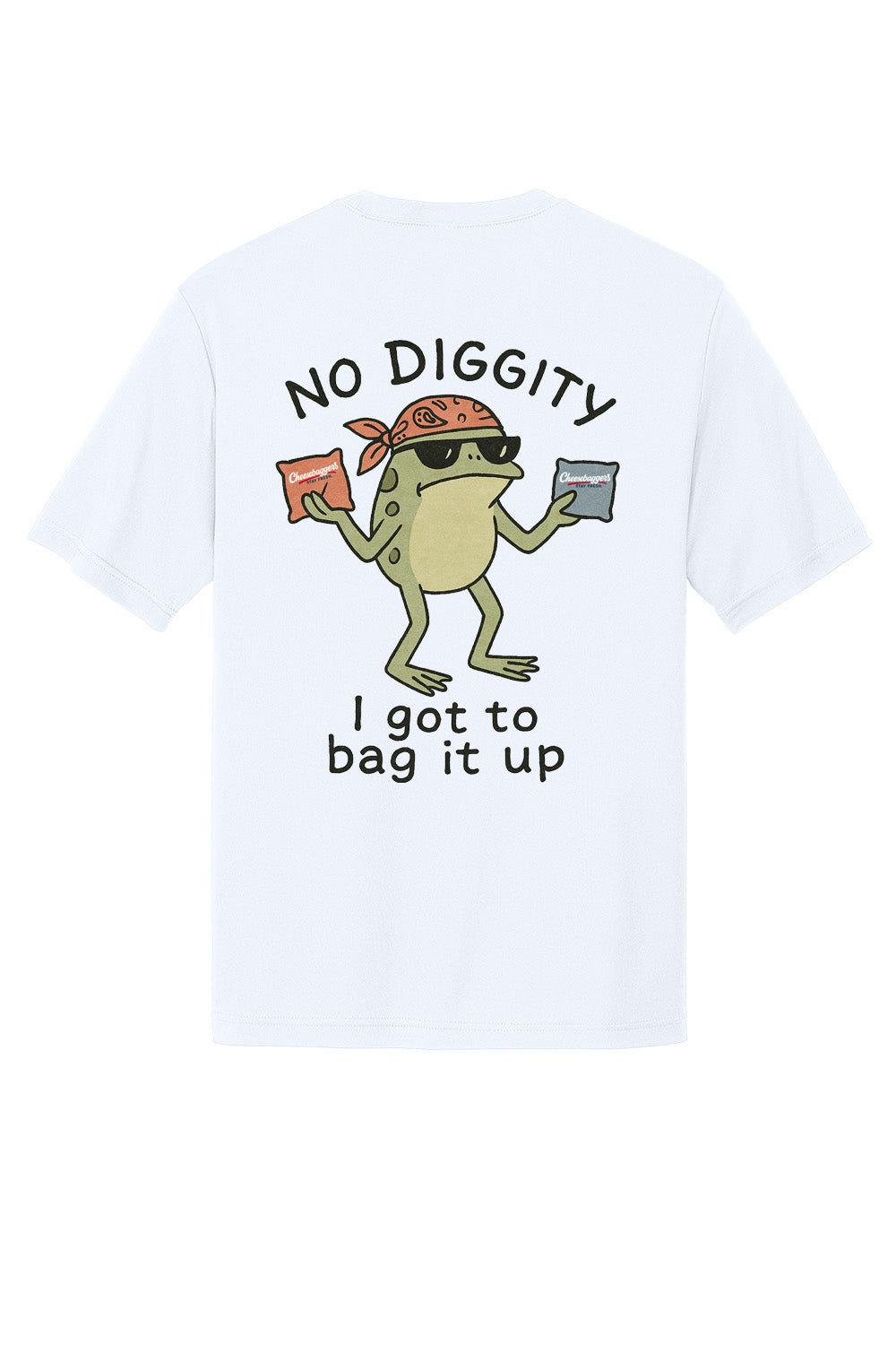 Custom sublimated cornhole shirt – Cheesebaggers. White t-shirt with a graphic of a frog holding cornhole bags and "No Diggity I got to bag it up" text on a white background