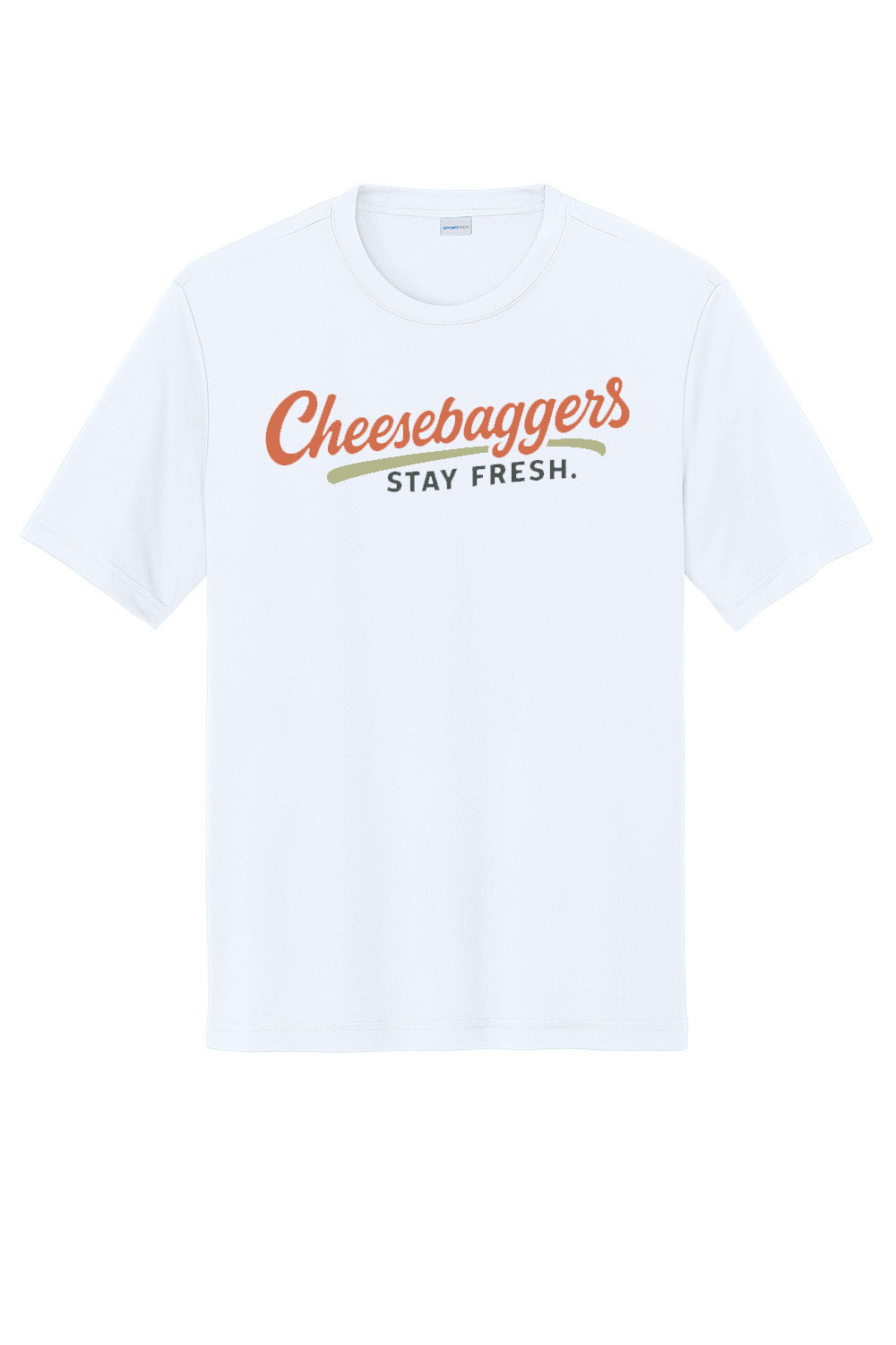 White t-shirt with 'Cheesebaggers Stay Fresh' text on a white background