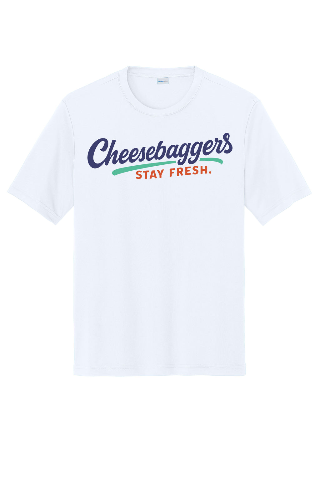 White t-shirt with 'Cheesebaggers Stay Fresh' text on a white background