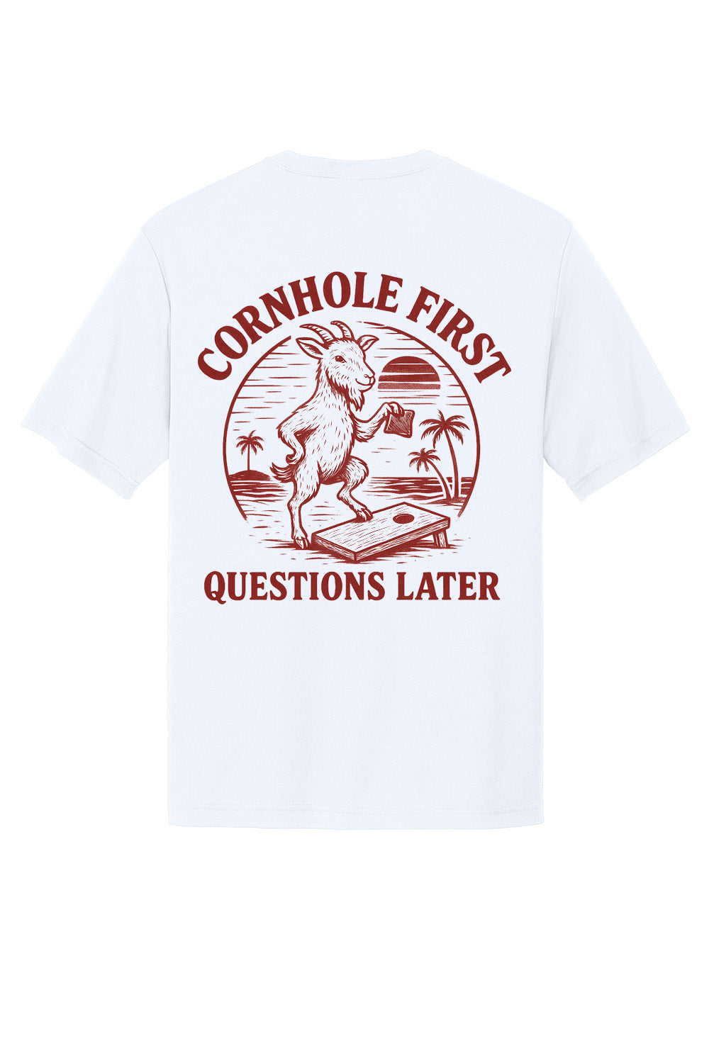 White t-shirt with red  goat cornhole graphic and "Cornhole first Questions later" text on a white background