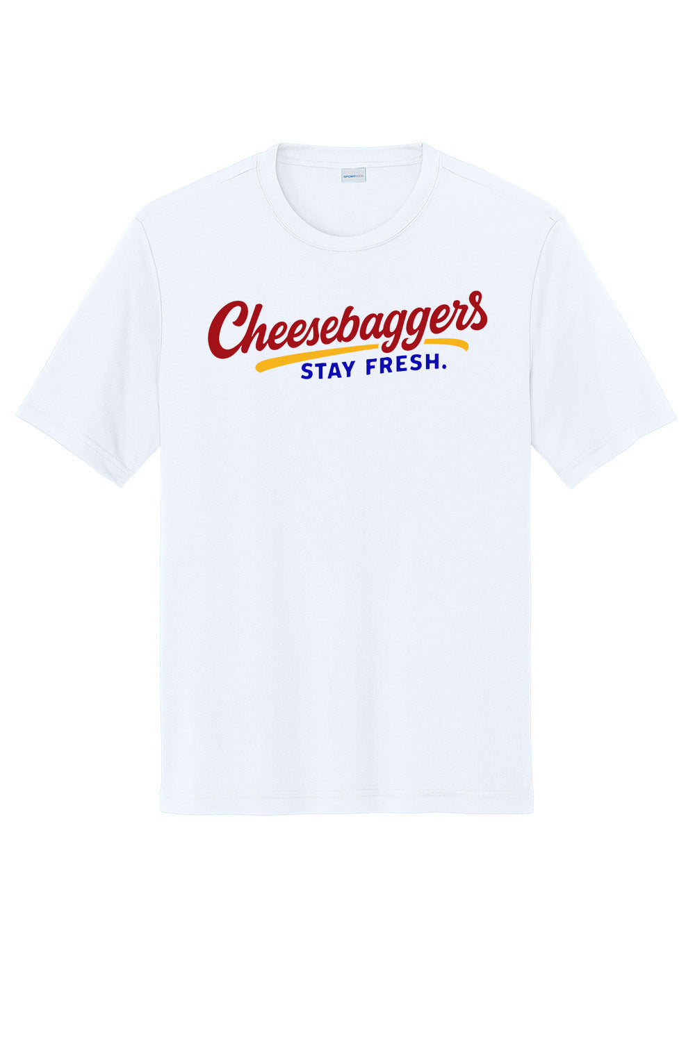 White t-shirt with 'Cheesegagers Stay Fresh' text on a white background