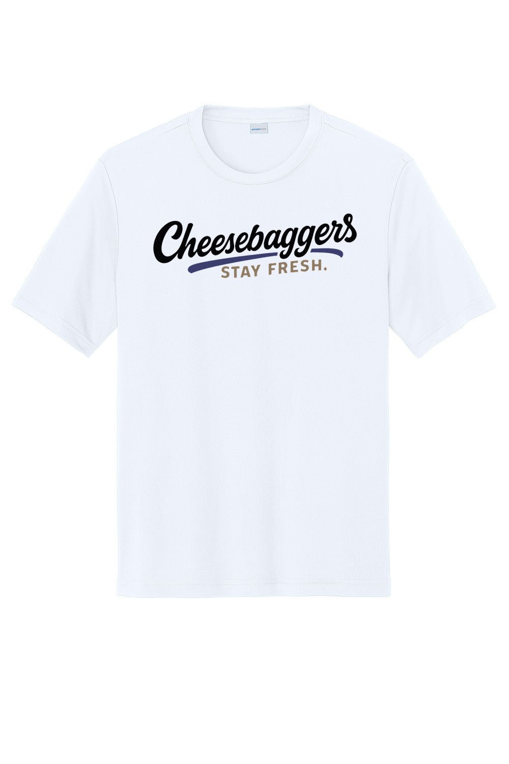 White t-shirt with 'Cheesebaggers Stay Fresh' text on a white background
