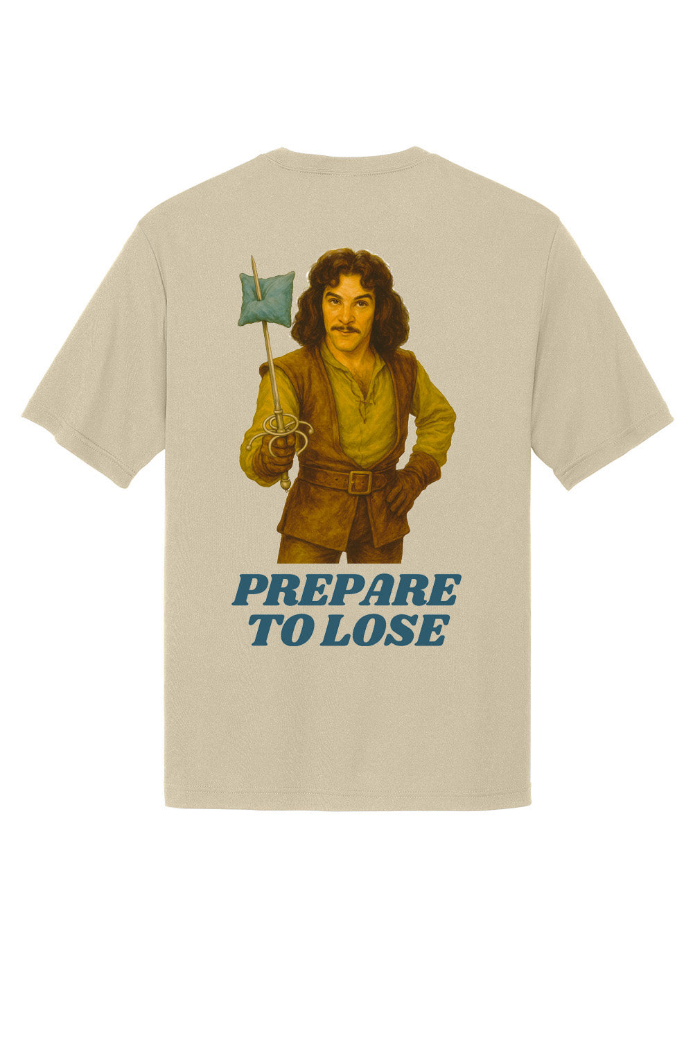 Beige t-shirt with a graphic of a character holding a sword with a cornhole bag on it and text 'Prepare to Lose' on a white background .  Custom sublimated cornhole shirt – Cheesebaggers.