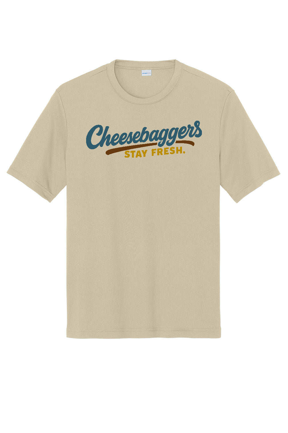 Beige t-shirt with 'Cheesebaggers Stay Fresh' text on a white background