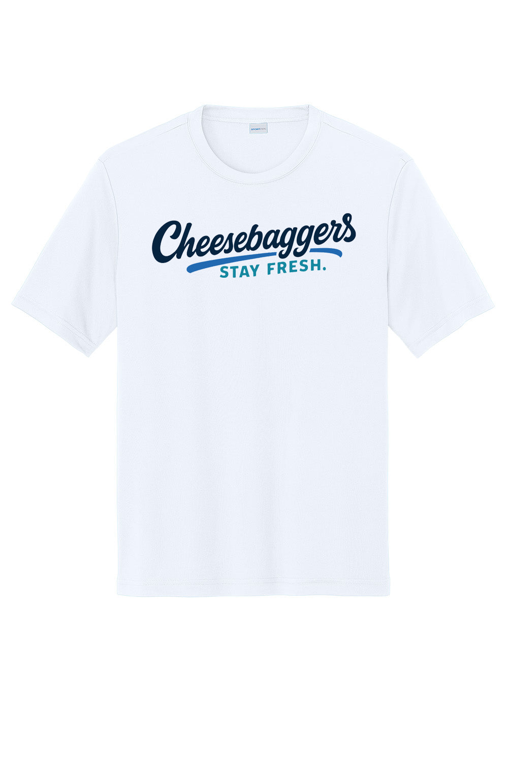 Custom sublimated cornhole shirt – White t-shirt with 'Cheesebaggers Stay Fresh' text on a white background. 