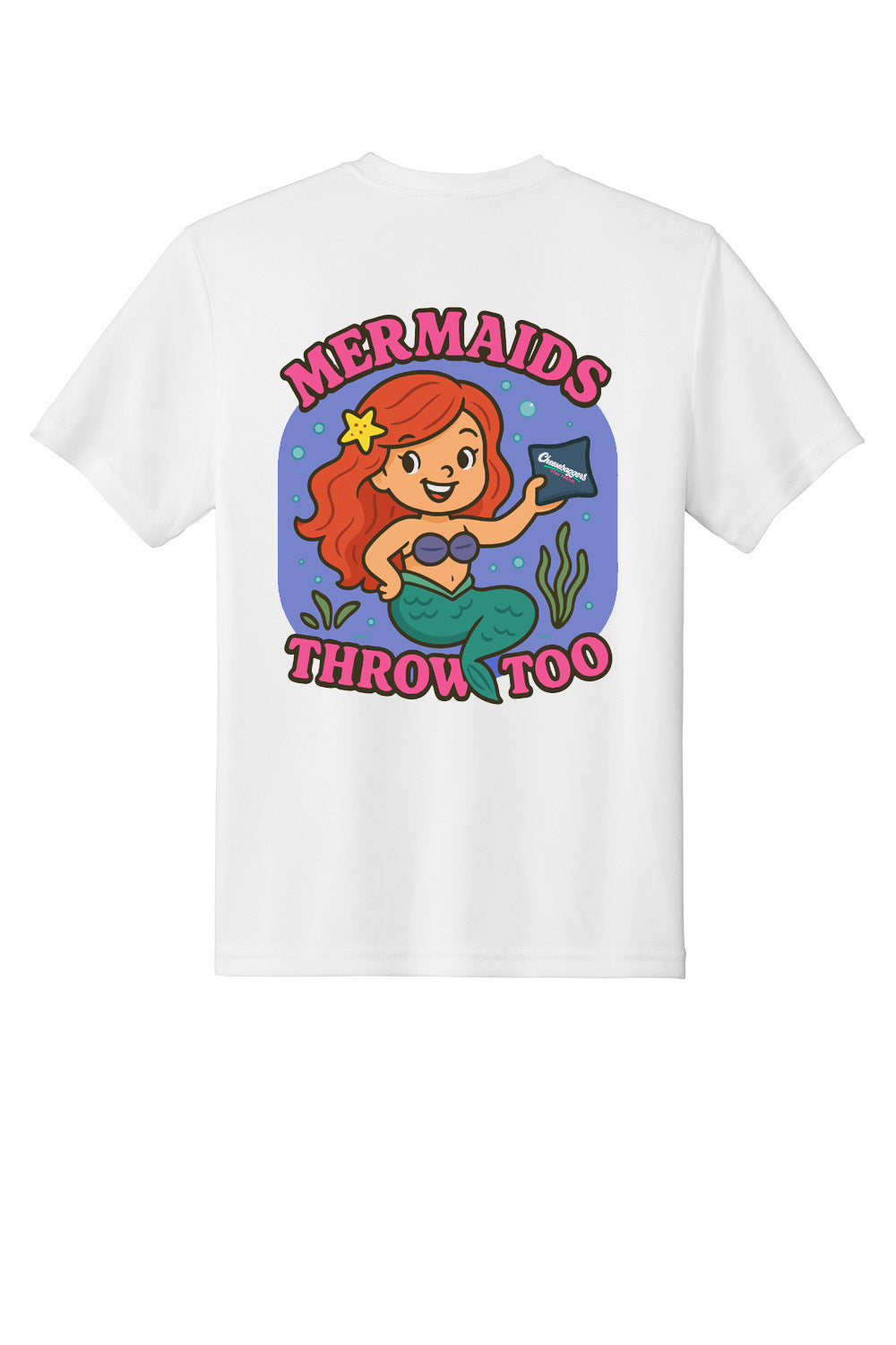 Custom sublimated cornhole shirt – Cheesebaggers. White youth t-shirt with a mermaid holding a cornhole bag graphic and "Mermaids Throw Too" text on the back.