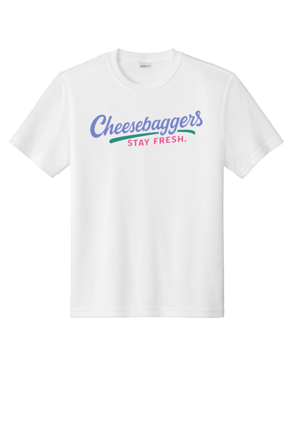 Custom sublimated cornhole shirt – Cheesebaggers. White t-shirt with pastel Cheesebaggers text on a white background
