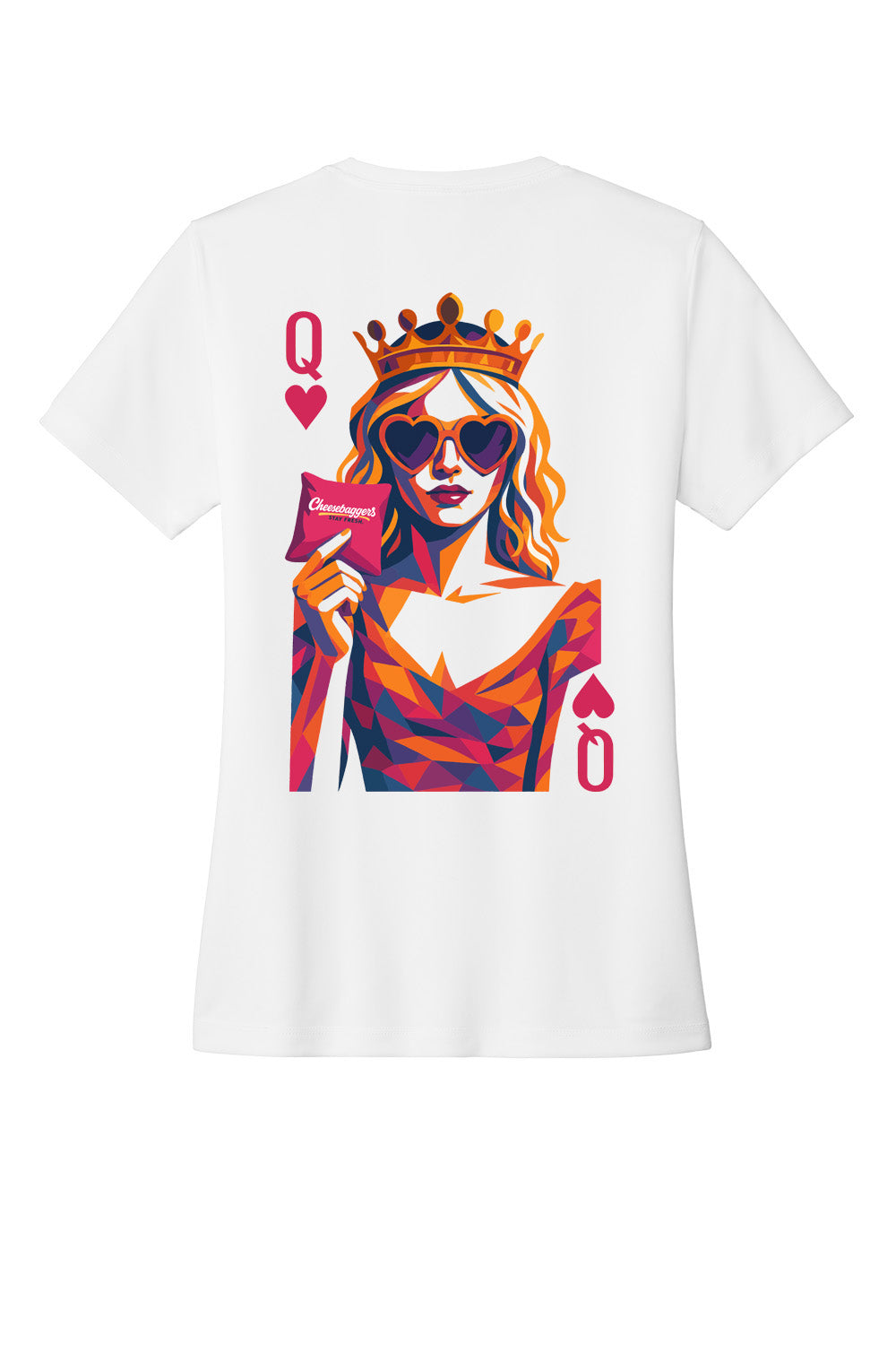 Custom sublimated cornhole shirt – Cheesebaggers. White t-shirt with a colorful graphic of a Queen of hearts holding a cornhole bag card-themed design on a white background