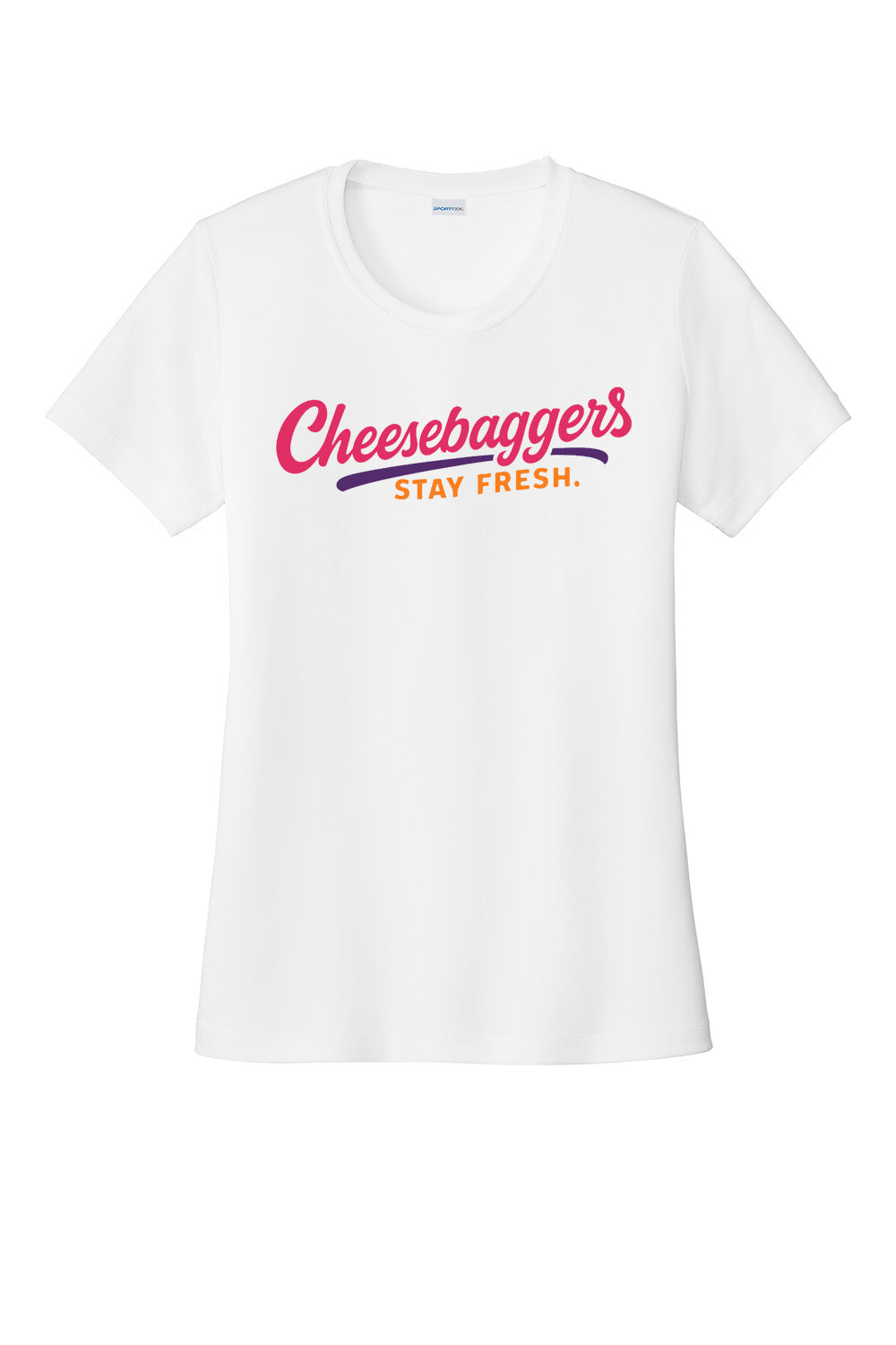 White t-shirt with  pastel 'Cheesebaggers Stay Fresh' text on a white background