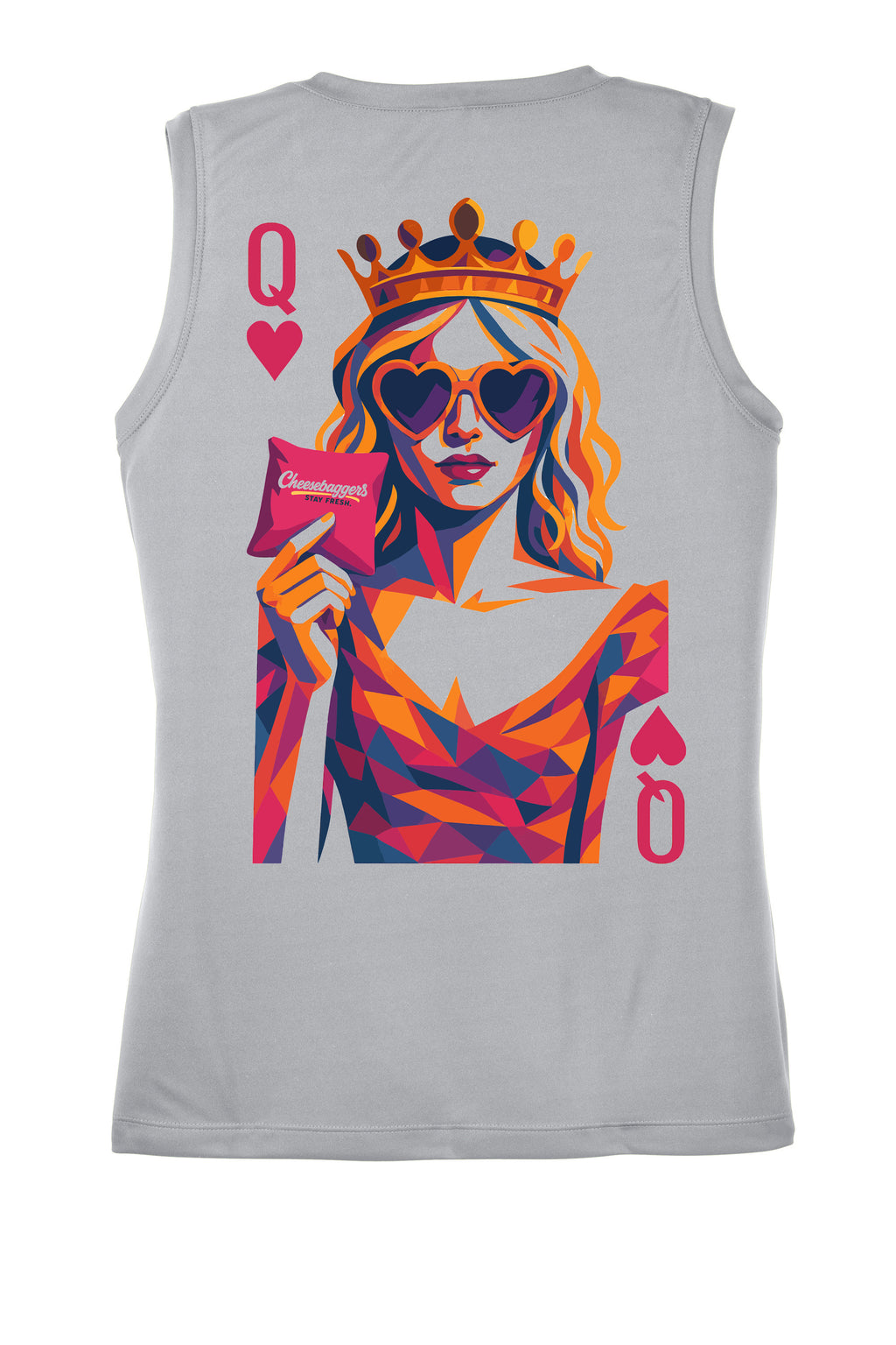 Gray tank top with colorful graphic design of a Queen of Hearts holding a cornhole bag on a white background. Custom sublimated cornhole shirt – Cheesebaggers.