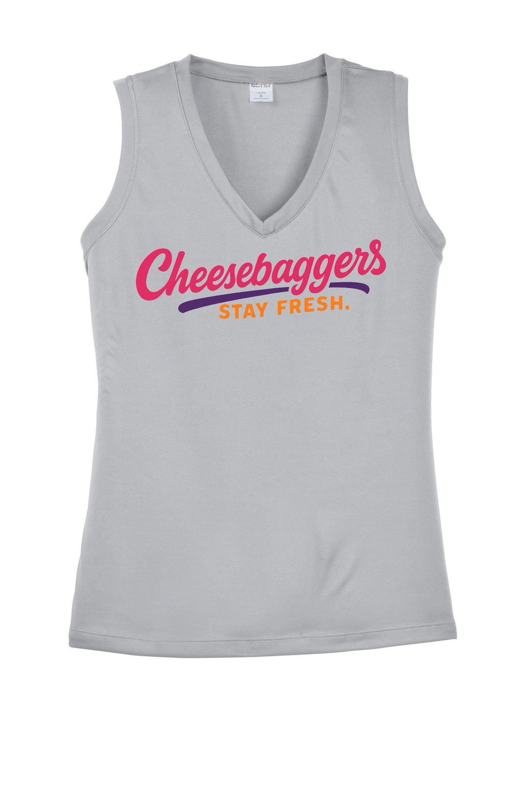 Gray sleeveless shirt with 'Cheesebaggers Stay Fresh' text on a white background