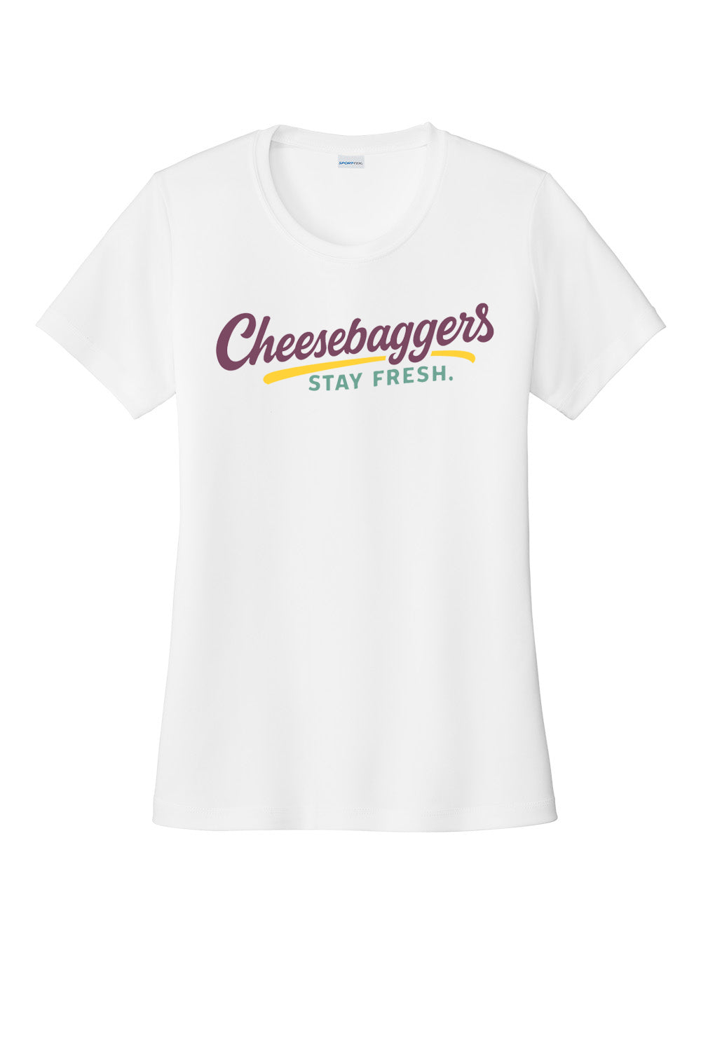 White t-shirt with 'Cheesebaggers Stay Fresh' text on a white background