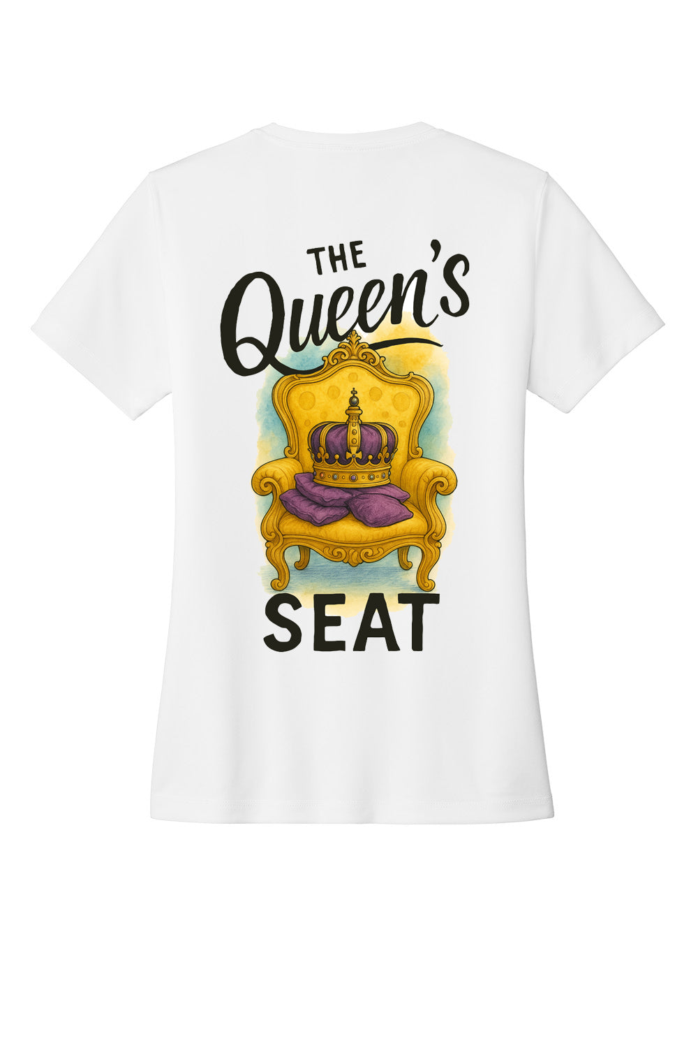 Custom sublimated cornhole shirt – Cheesebaggers full-color team apparel.  White t-shirt with a graphic of a throne and text 'The Queen's Seat' on a white background