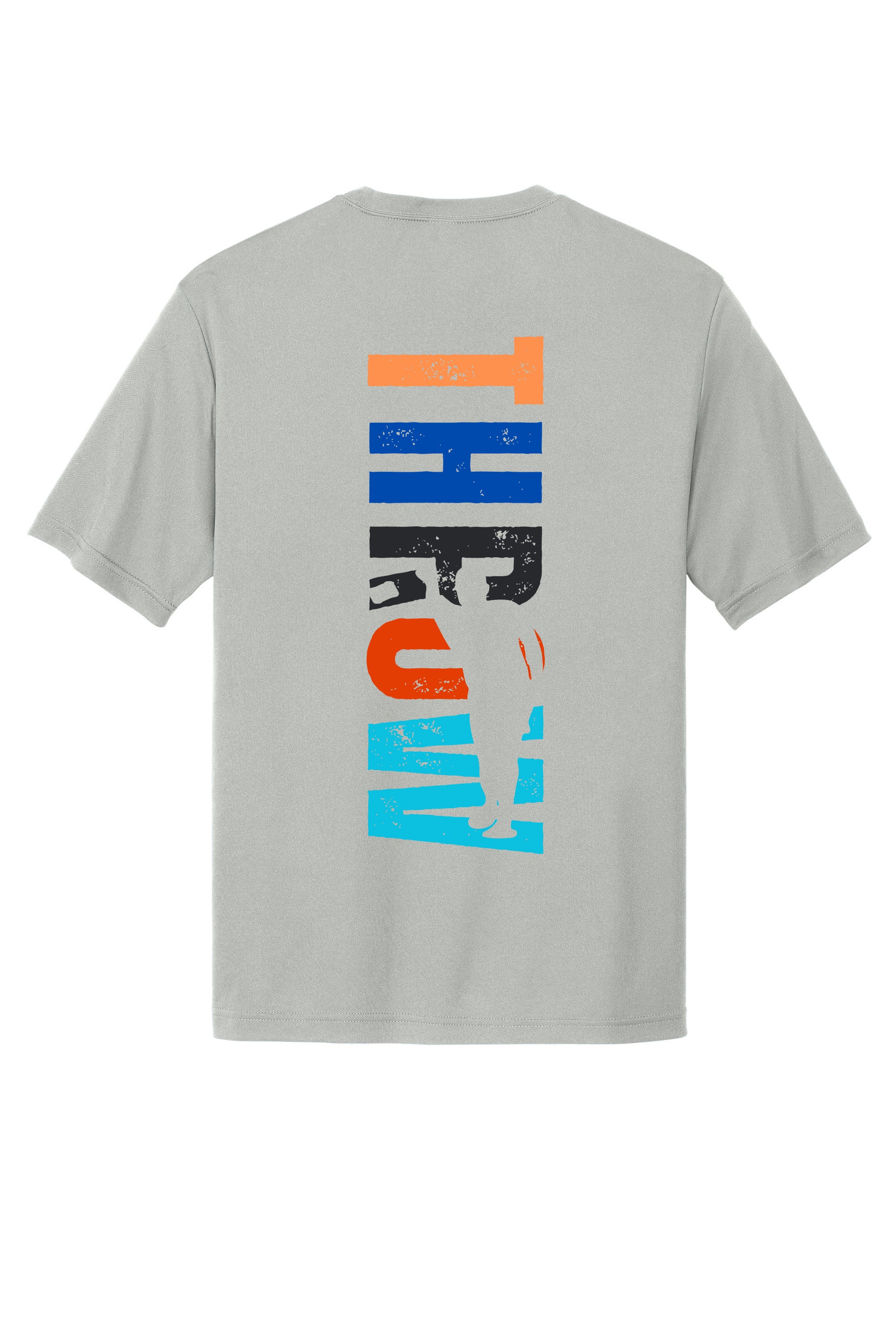 Gray t-shirt with colorful graphic spelling "Throw" on the back with the silhouette of a person throwing a cornhole bag overlapping the letters against a white background