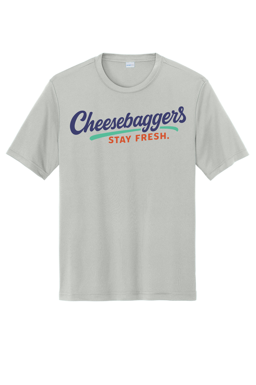 Gray t-shirt with colorful text 'Cheesebaggers Stay Fresh' on a white background