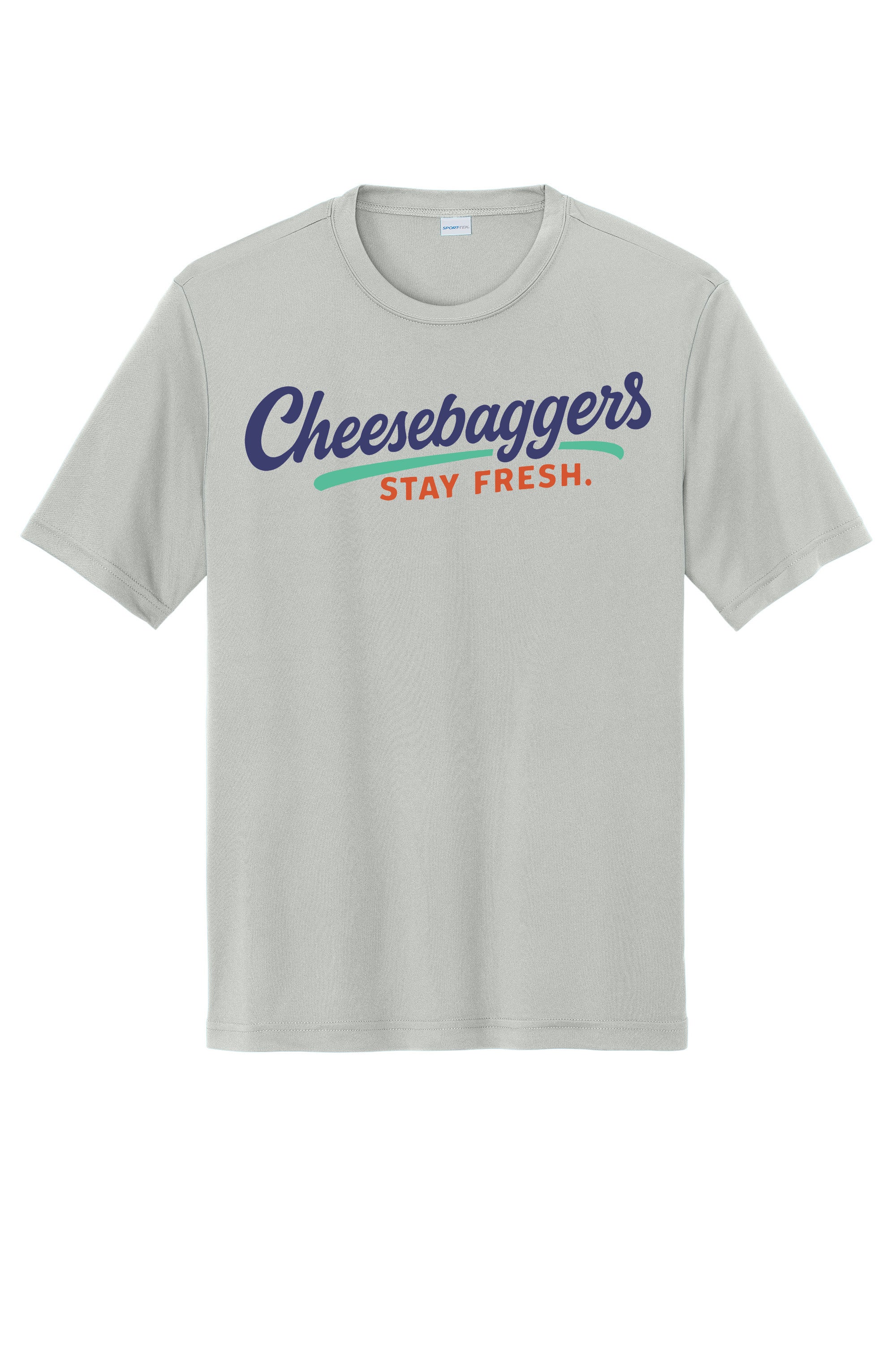 Gray t-shirt with colorful text 'Cheesebaggers Stay Fresh' on a white background